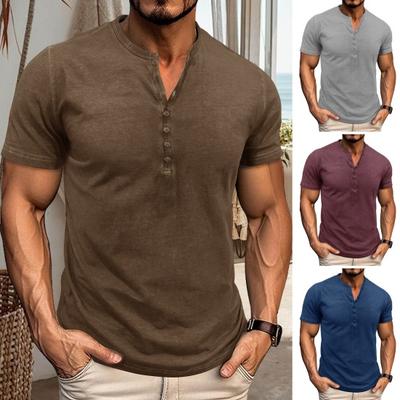 Men's Henry Collar T-shirt Short Sleeve Solid Color Buttoned Collar Tee Casual