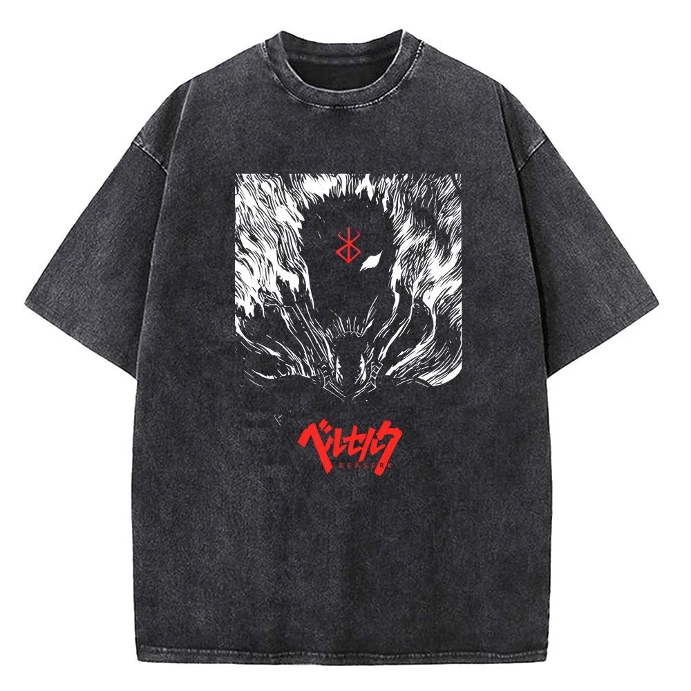 2026 Anime Berserk Guts Graphic Printed Tee Men Women Vintage Washed Casual Tshirts High Quality Cotton T Shirt Harajuku Male T-shirt