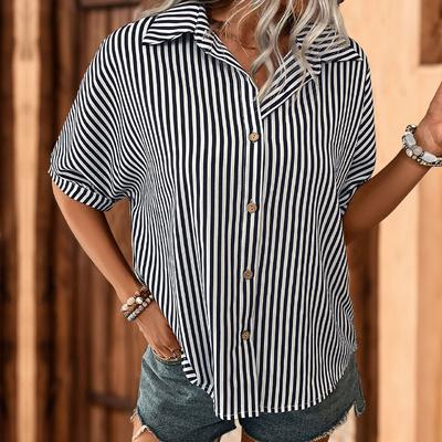 Summer Women's Striped Shirt Single Breasted Lapel Shirt Top