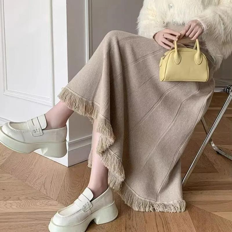 Thicken Pleated Skirts Women Oversize Korean Elegant Casual Midi Skirt White Winter Warm Knitted Skirt