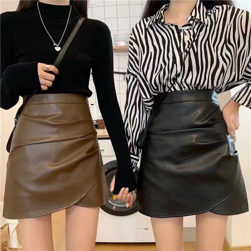 Women's High-Waisted Leather A-Line Skirt: 2025 Autumn/Winter Collection, Slimming & Pleated