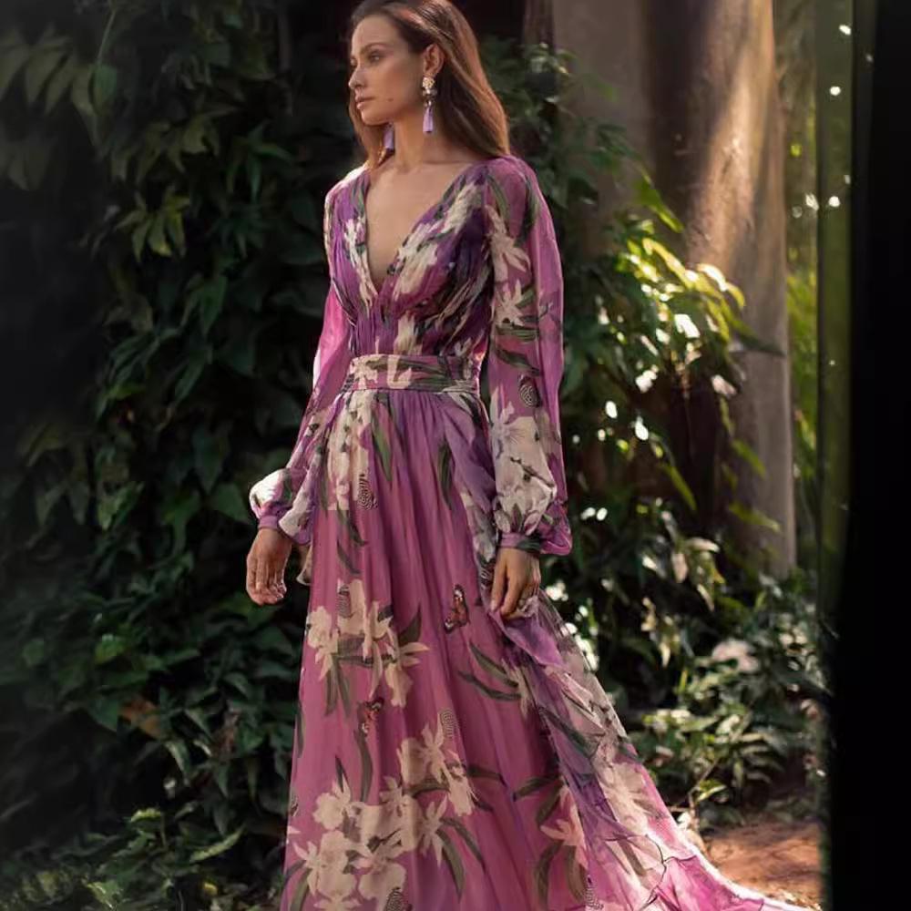 V-Neck Long Sleeve Floral Swing Dress for Women