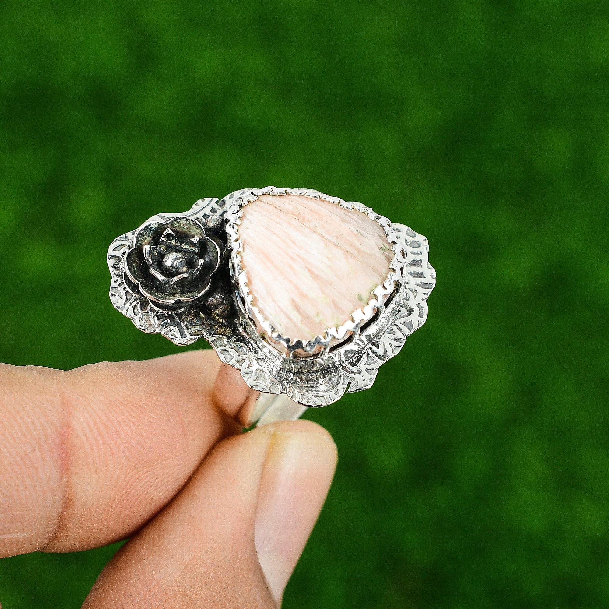 

925 Silver Natural Scolecite Statement New Flower Daughter Ethnic Promise Ring Adjustable