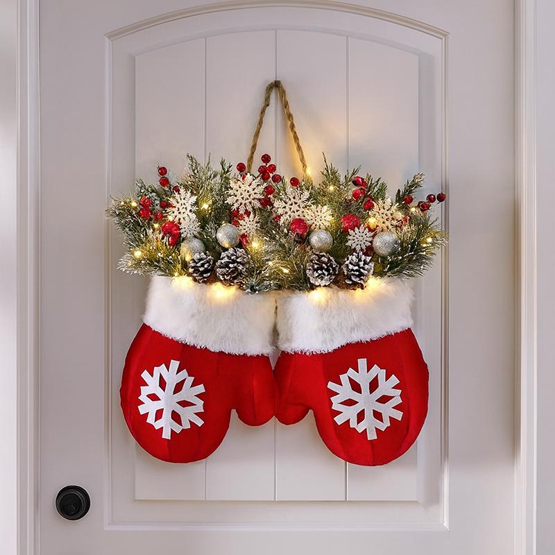 Twinkling Christmas Mitten Wreath With 120 LED Lights & 10H Auto Timer,Christmas Wreath Front Door Artificial Garland