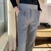 British Style Men High Waist Casual Pant Men Belt Design Slim Trousers Formal Office Social Wedding Party Pants