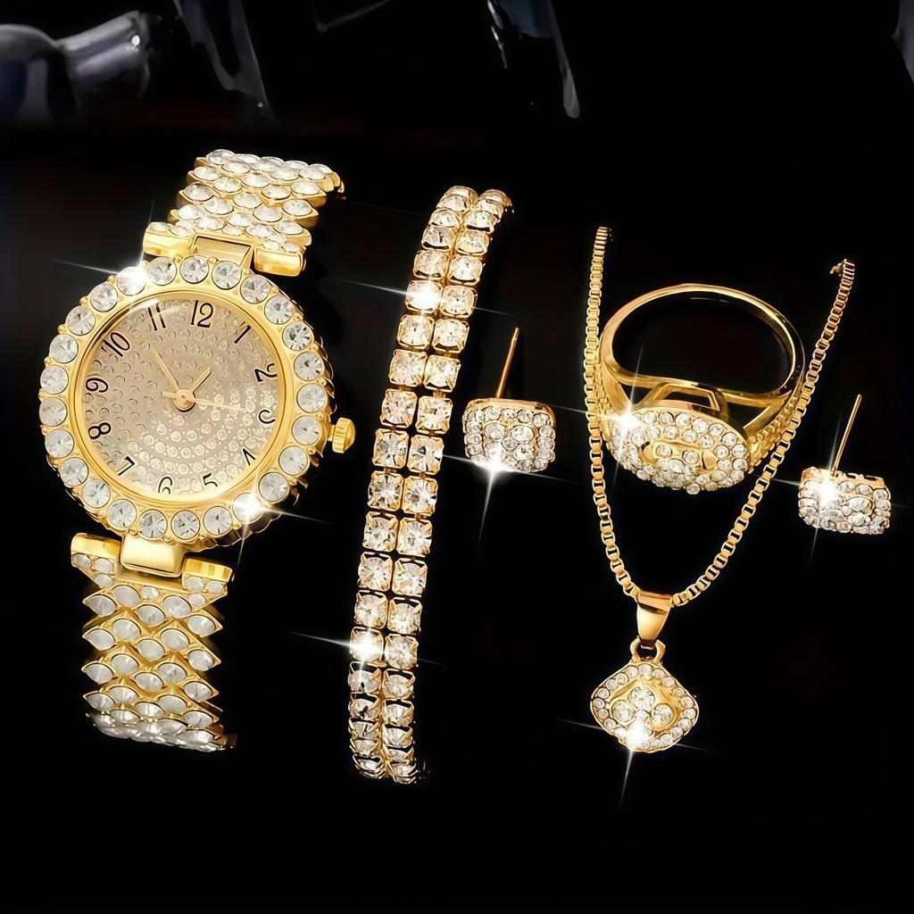 Ladies Cornucopia Diamond Watch Set, Popular 5pcs Bracelet Accessories Fashion Quartz European Beautiful Women Watch Set