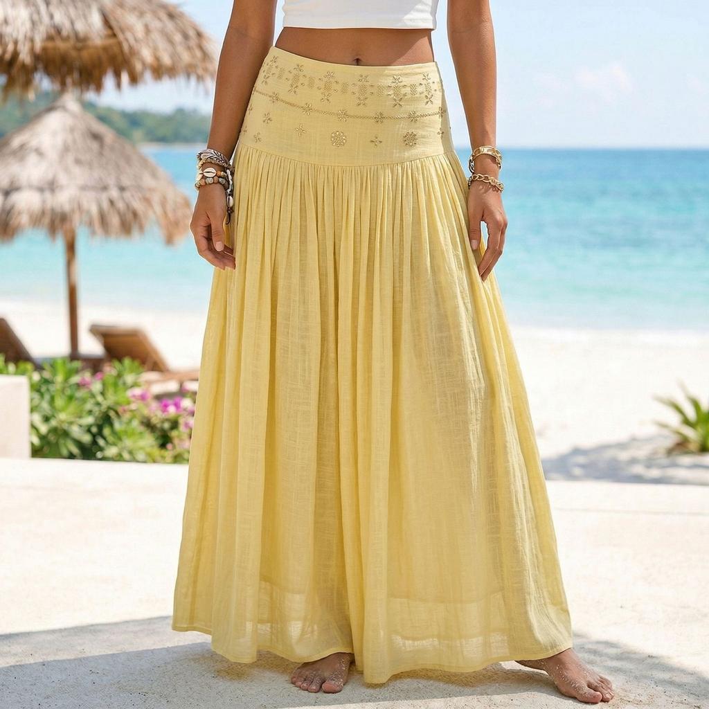 Gonna Lunga Donna Vita Alta Stile Boho Vita Elastica Gonna Lunga Pieghettata Tessuto Leggero e Fluido Abbigliamento Estivo