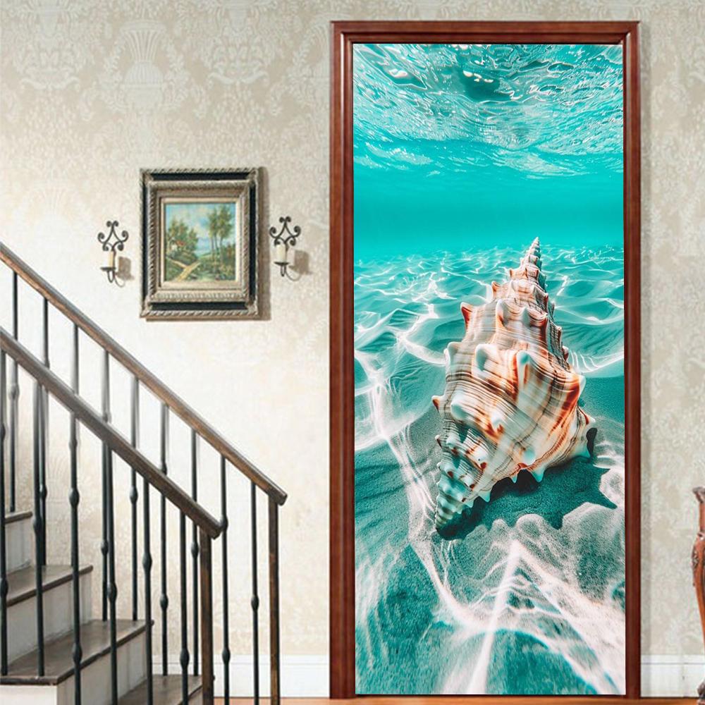 1pcs Porch Beach Scenery Shell Vinyl Door Sticker For Bedroom Home Decor Self Adhesive Removable Wall Decal Door Renovation Waterproof Poster