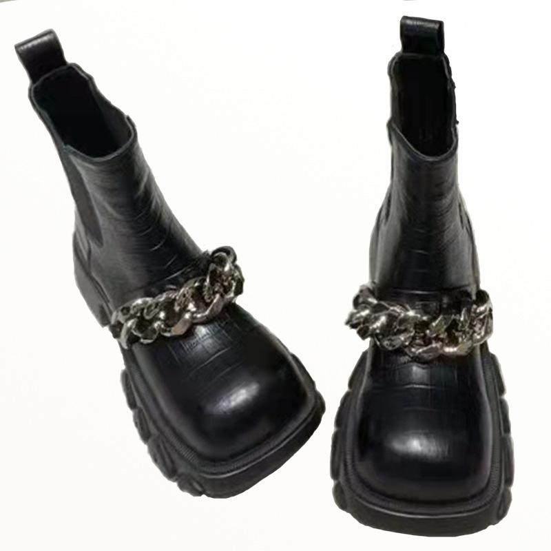 Martin boots autumn and winter new niche design big head dragon tooth thick heel thick sole metal chain Roman boots