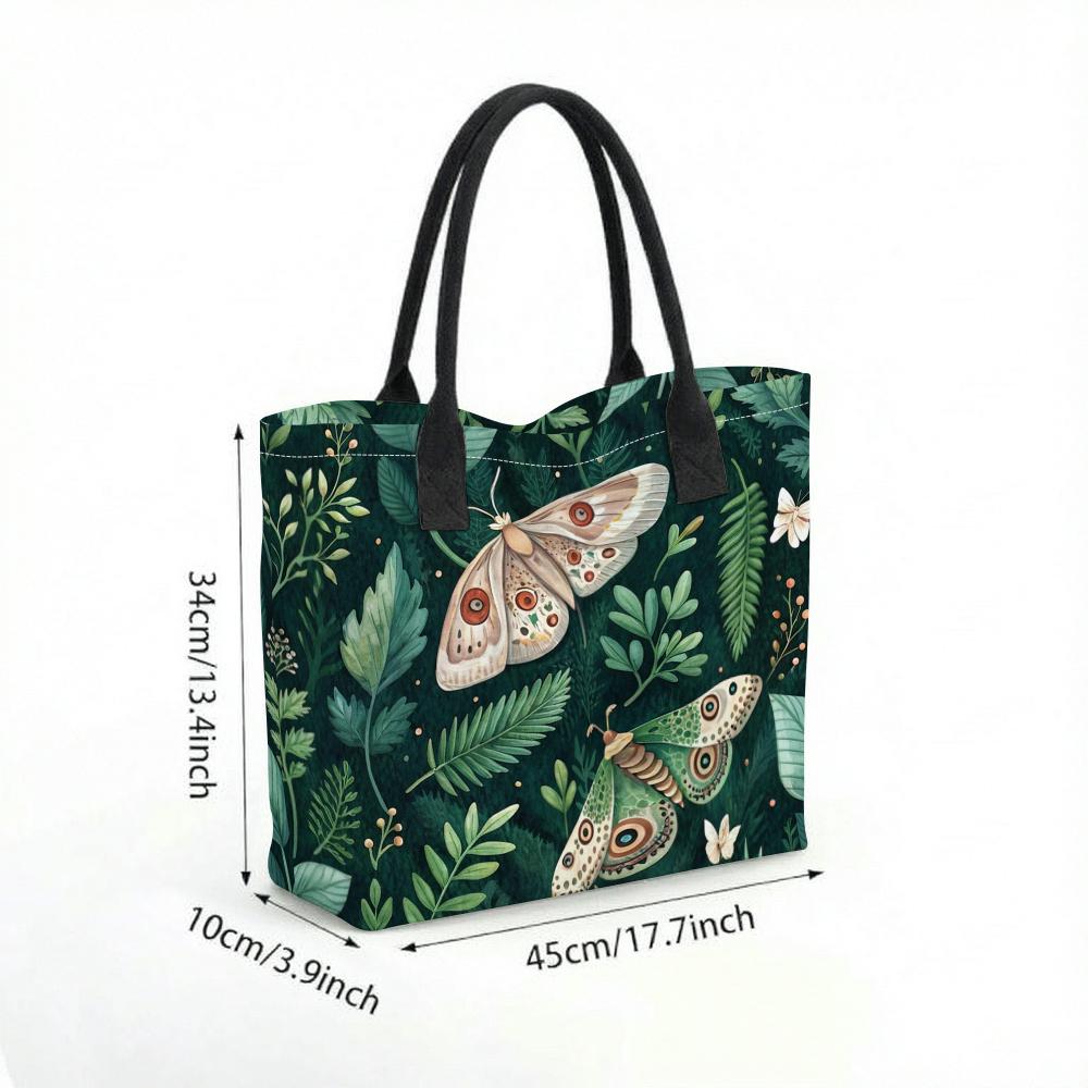  Forest Moth Print Canvas Tote Bag Large Capacity Casual Shoulder Handbag for Daily Use 