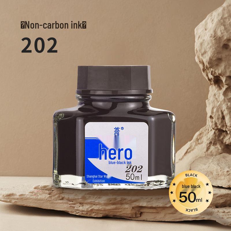 HERO Ink Series: Genuine Non-Carbon, Non-Clogging Fountain Pen Ink in Black, Blue-Black, Blue, and Red. Single Bottle Packaging