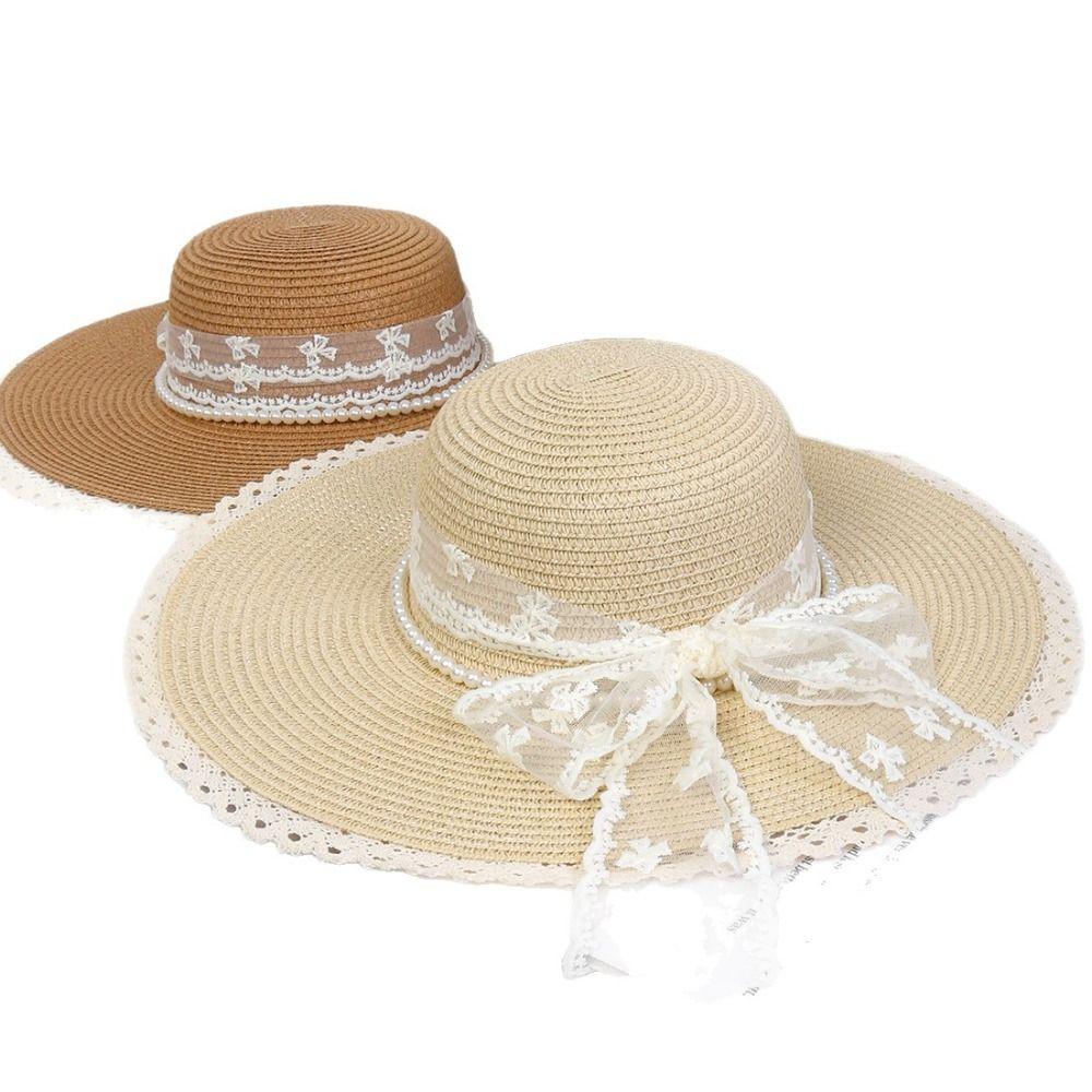 Breathable Wide Brim Straw Hat Elegant Lace Tied Sun Hat Stylish Beach Hat  Girls