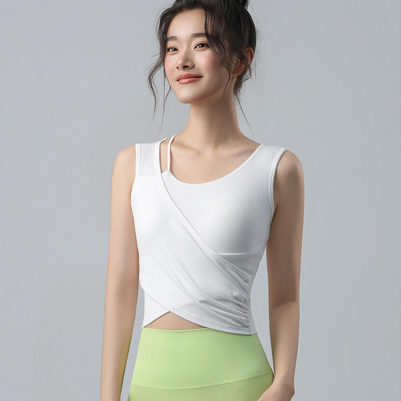 High-value yoga clothes, short-sleeved women's slimming irregular sports tops, chest pads, running fitness clothes, sports vests.