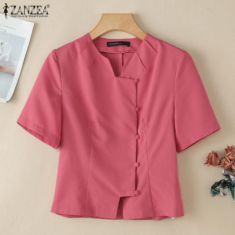 ZANZEA Women Summer V-Neck Solid Color Casual Short Sleeve Blouse