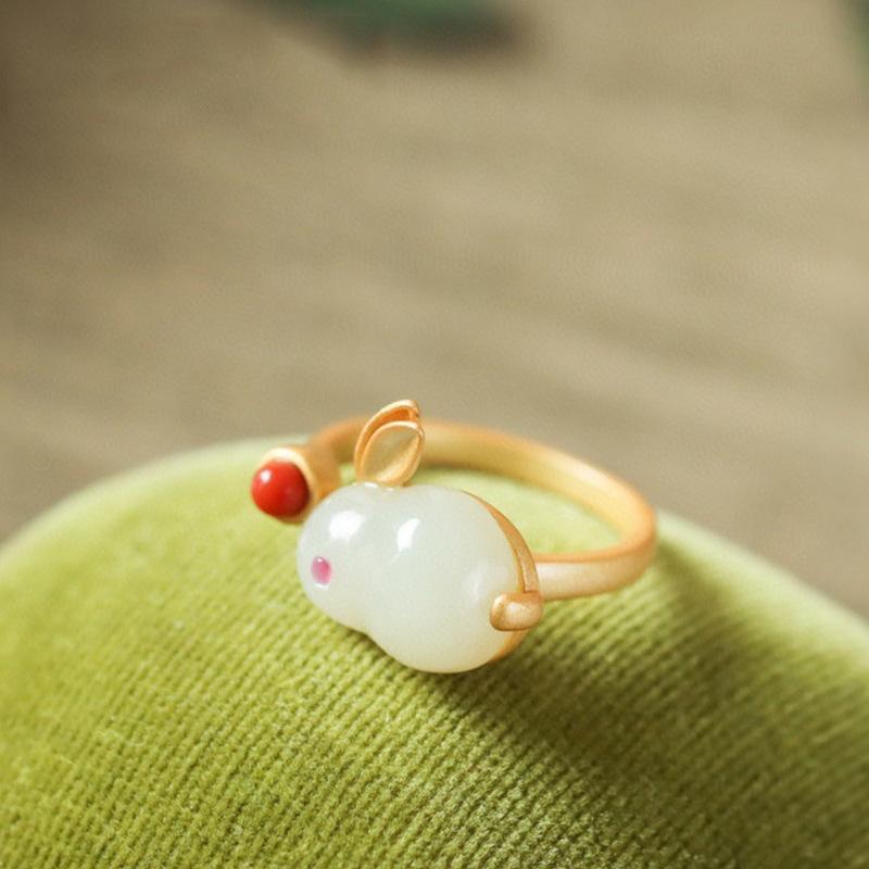 Jade Rabbit Set Imitation Natural Hetian Jade Ring, Ancient Gold Inlaid Chalcedony Rabbit Necklace Cute Rabbit Stud Earrings Pendant