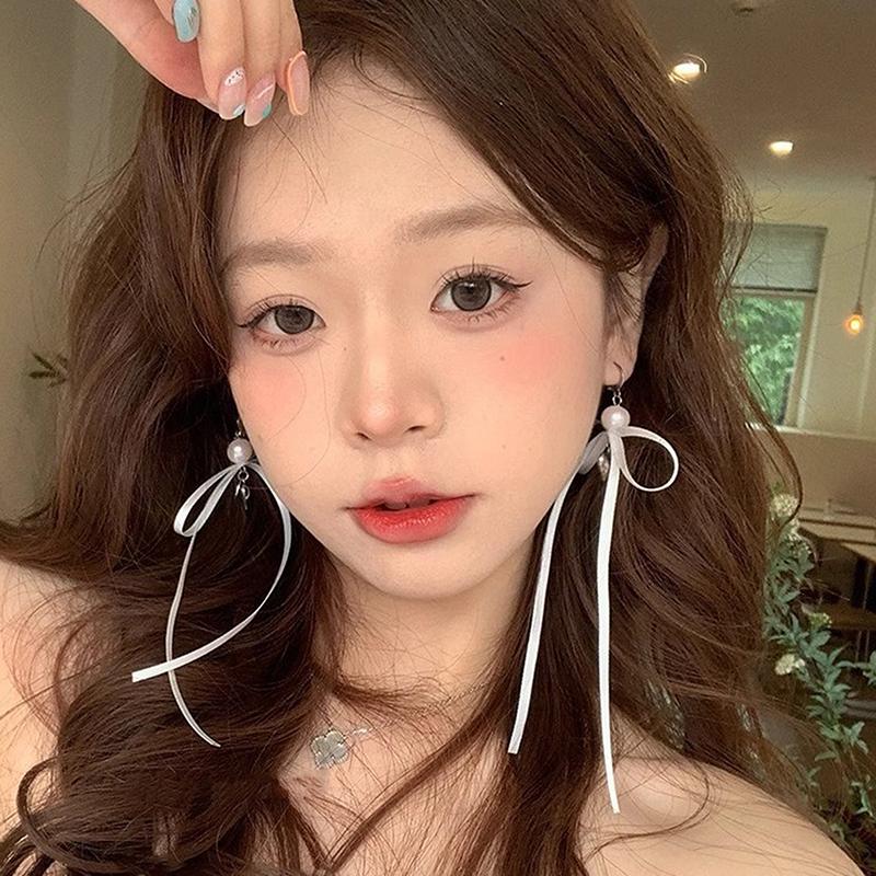 Korean Style Sweet Fresh Ribbon Bowknot Charm Stud Earrings Pearl Heart Dangle Ear Buckles For Girl Ballet Ear Jewelry