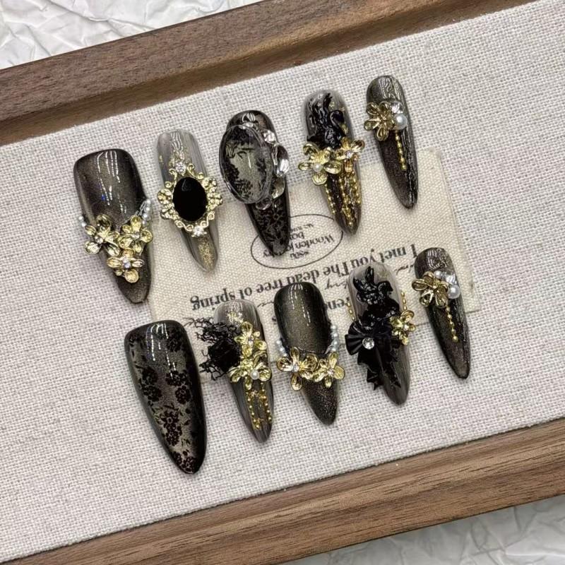 Handmade Cat Eye Nail Tips 2026 Mid-Length Acrylic Press-On Nails Women Girls With Cross Tulip Strawberry Floral Bow Starry