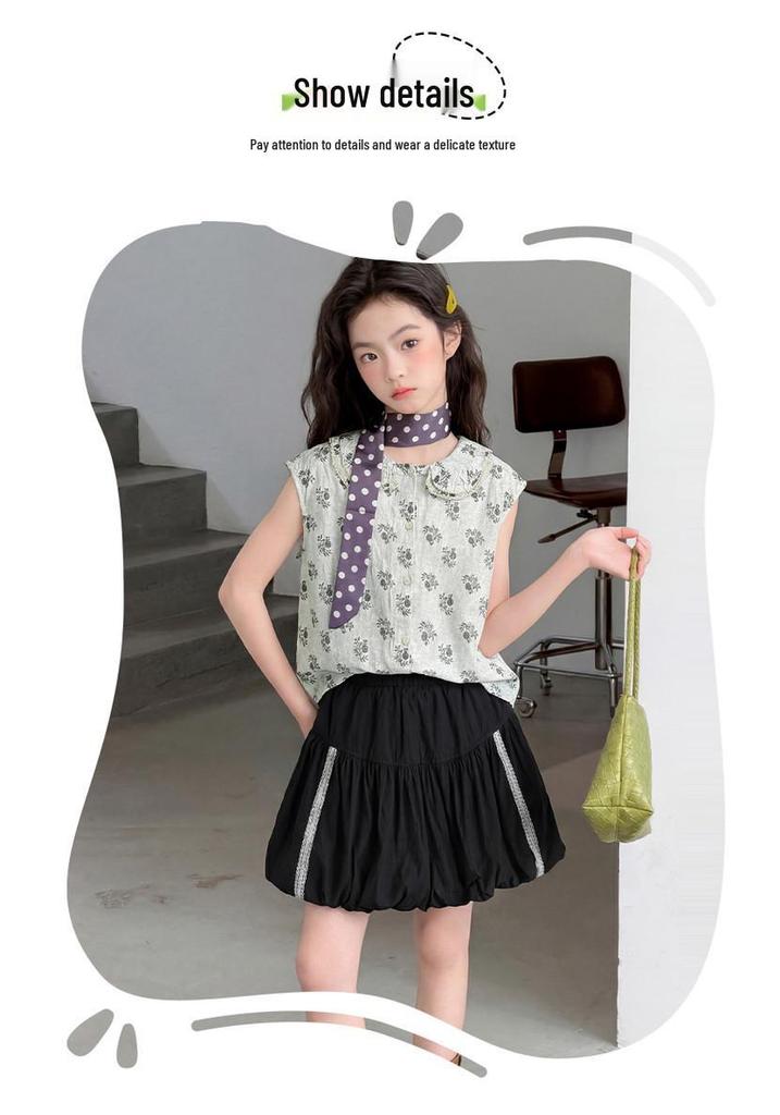 Girls' Floral Cool-Touch Sleeveless Top & Bloom Shorts - New 2026 Korean Style Summer Set