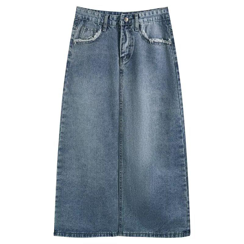 Women's 2025 Retro Frayed Slit Denim Midi Skirt - Korean Summer Style Trend