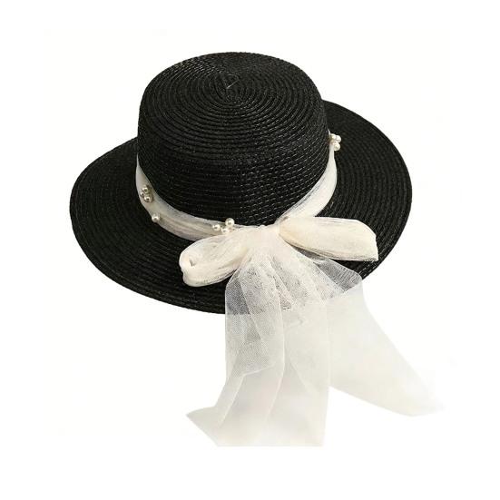 Beach Straw Hat Flat Top Wide Brim Sun Protection Hat with Tulle Bow Imitation Pearls Decor Hand-Woven Breathable Summer Hat
