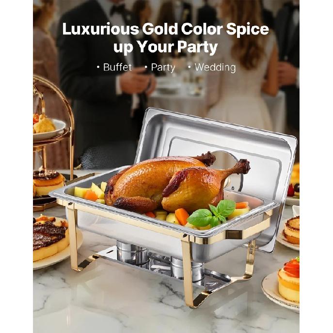 VEVOR Chafing Dish Buffet Set 8 Qt Stainless Steel Chafer with  Full Size Pans Rectangle Catering Warmer Server with Glass Lid