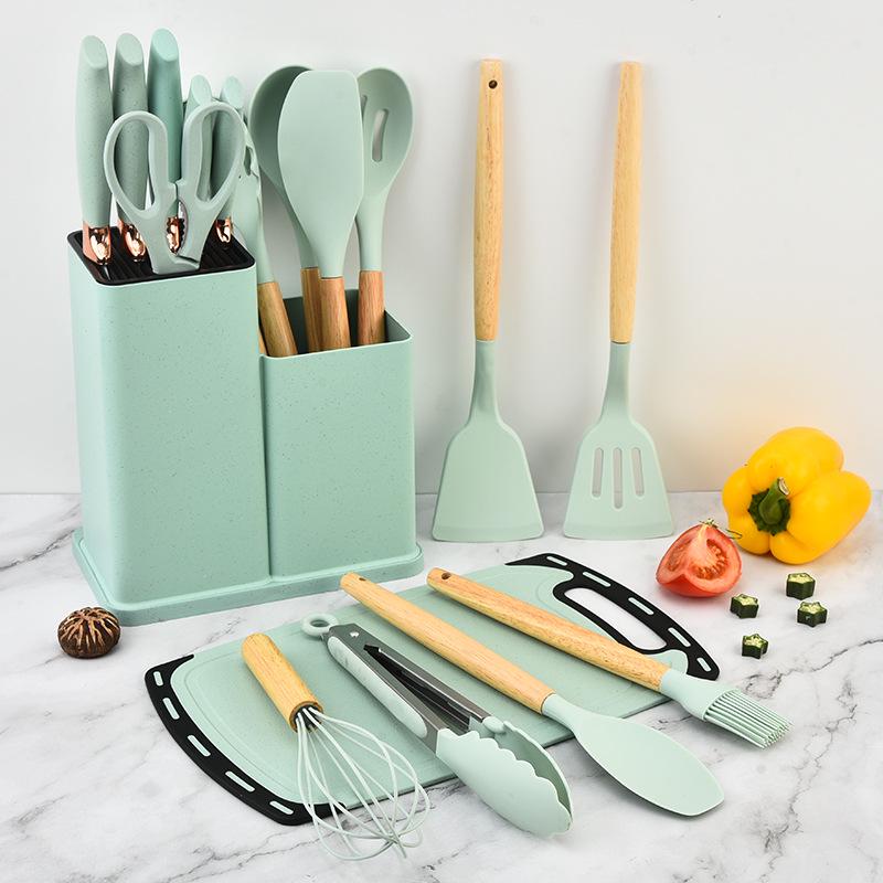 

Набор кухонной утвари из 19 предметов, силиконовый, с деревянными ручками - Антипригарная кастрюля, лопатка и суповая ложка для домашней готовки Light green