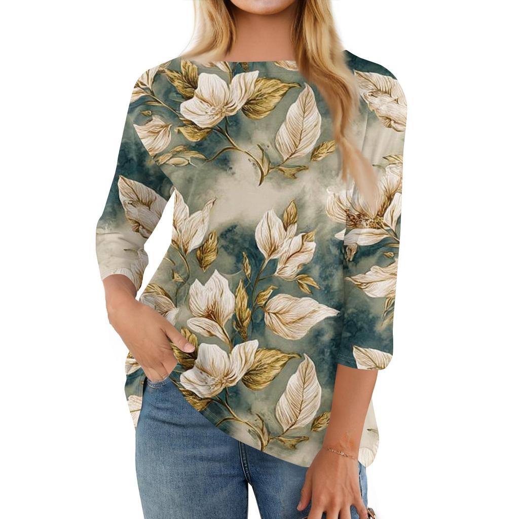 Women's Fashion Casual Round Neck Three Quarter Sleeve Printed T-Shirt Top