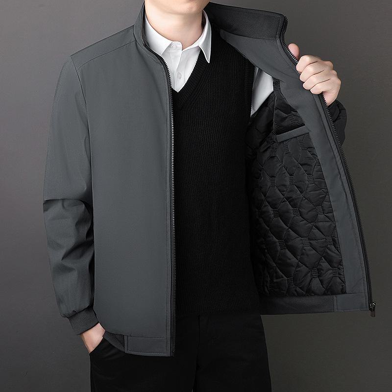 Men's Executive Stand-Up Collar High-End Coat - Autumn/Winter, Casual Loose Fit, Plus Velvet, Middle-Aged Style