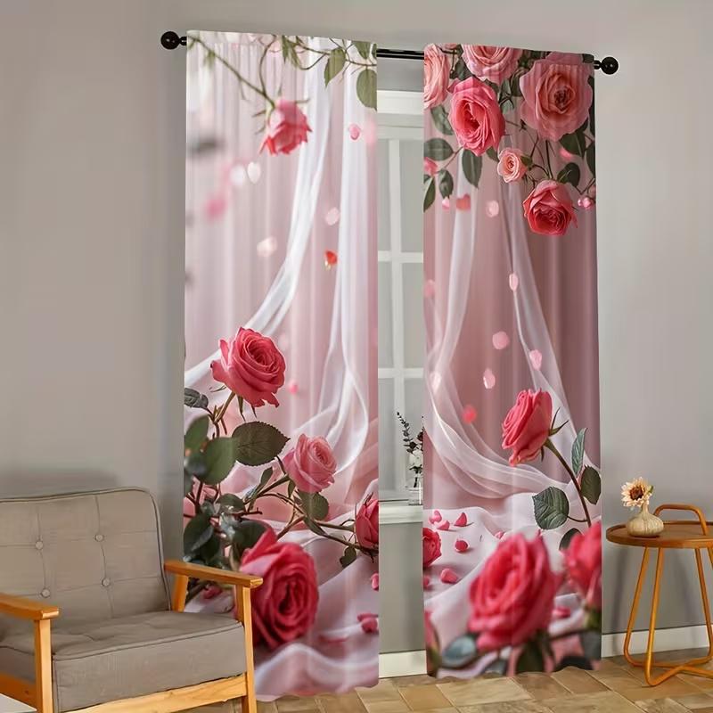 2 Pcs Pink Rose Print Curtains,suitable for Bedroom,living Room Kitchen Decoration,home Decoration,window Decor