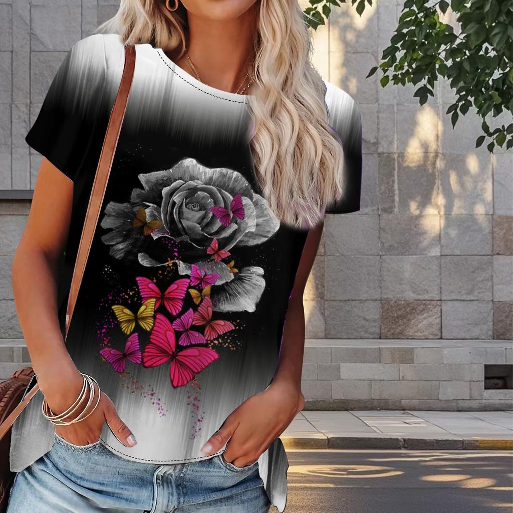 Kadın Yazlık Tişört Kelebek Baskılı Retro Moda Kısa Kollu Tişörtler Günlük Baskılı Üstler