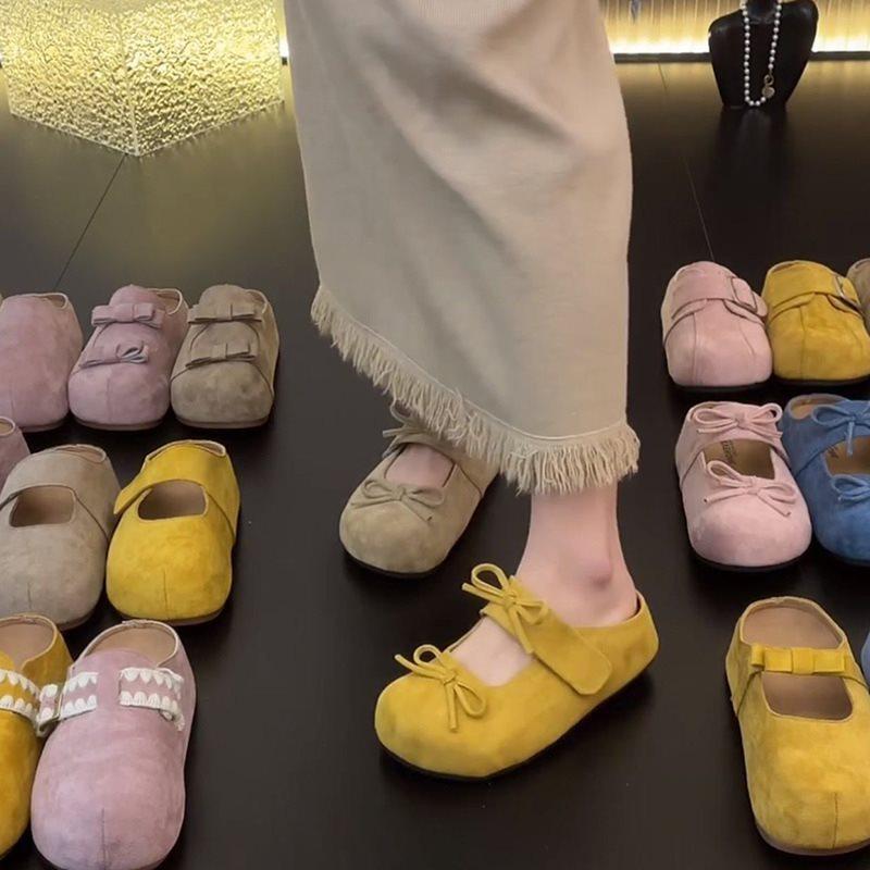 Leather Boken Shoes Women's Bag Head Inner Thick Sole 2025 New Retro Versatile Bow Soft Sole Half Slippers