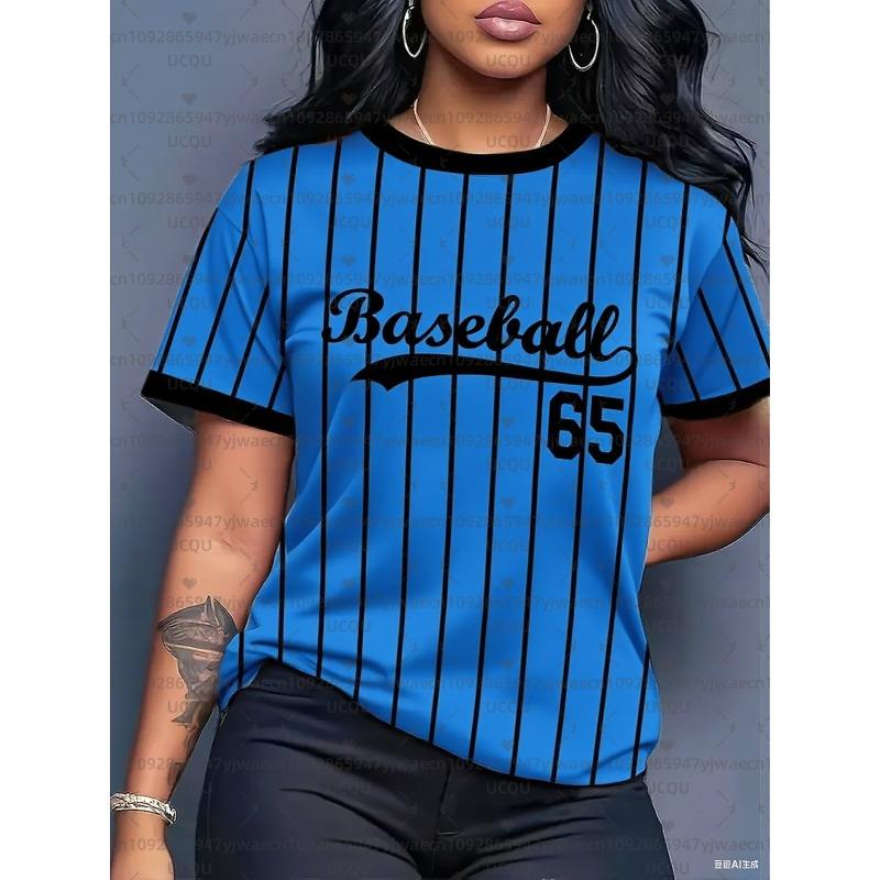 Women's Baseball Stripe Printed Round Neck Short Sleeve T-Shirt Summer Graphic Tee Jerseys Plus Size Men's Sport T-Shirt Tops