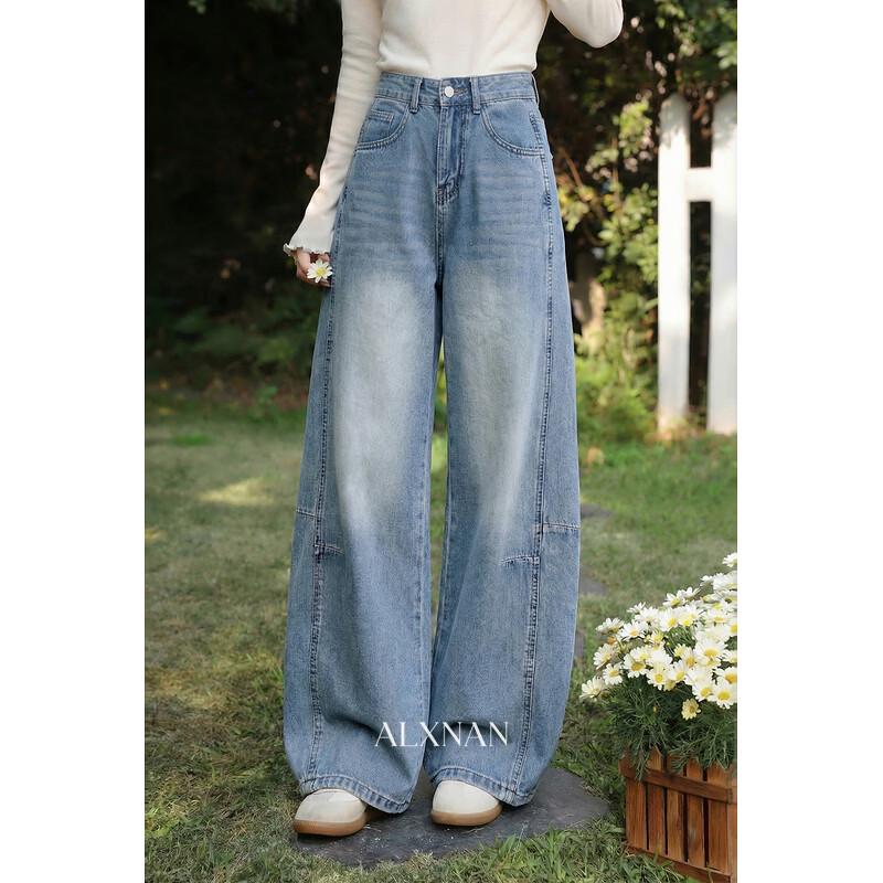 Luxiangnan Women s Blue High-Waisted Wide-Leg Jeans L