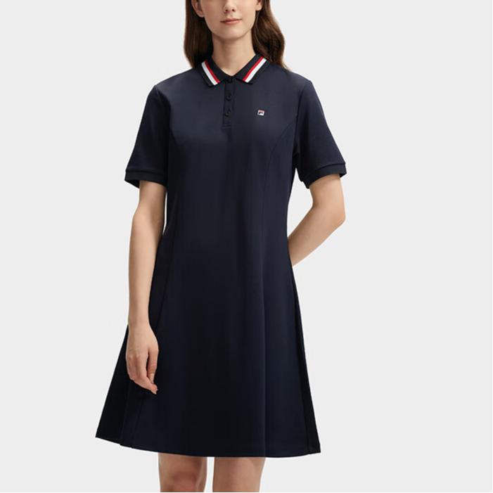 FILA Logo Solid Color Casual Sport Simple Fashion Modern Polo Short Sleeve Dress Women Dresses Legendary-Blue F51W421309A-NV