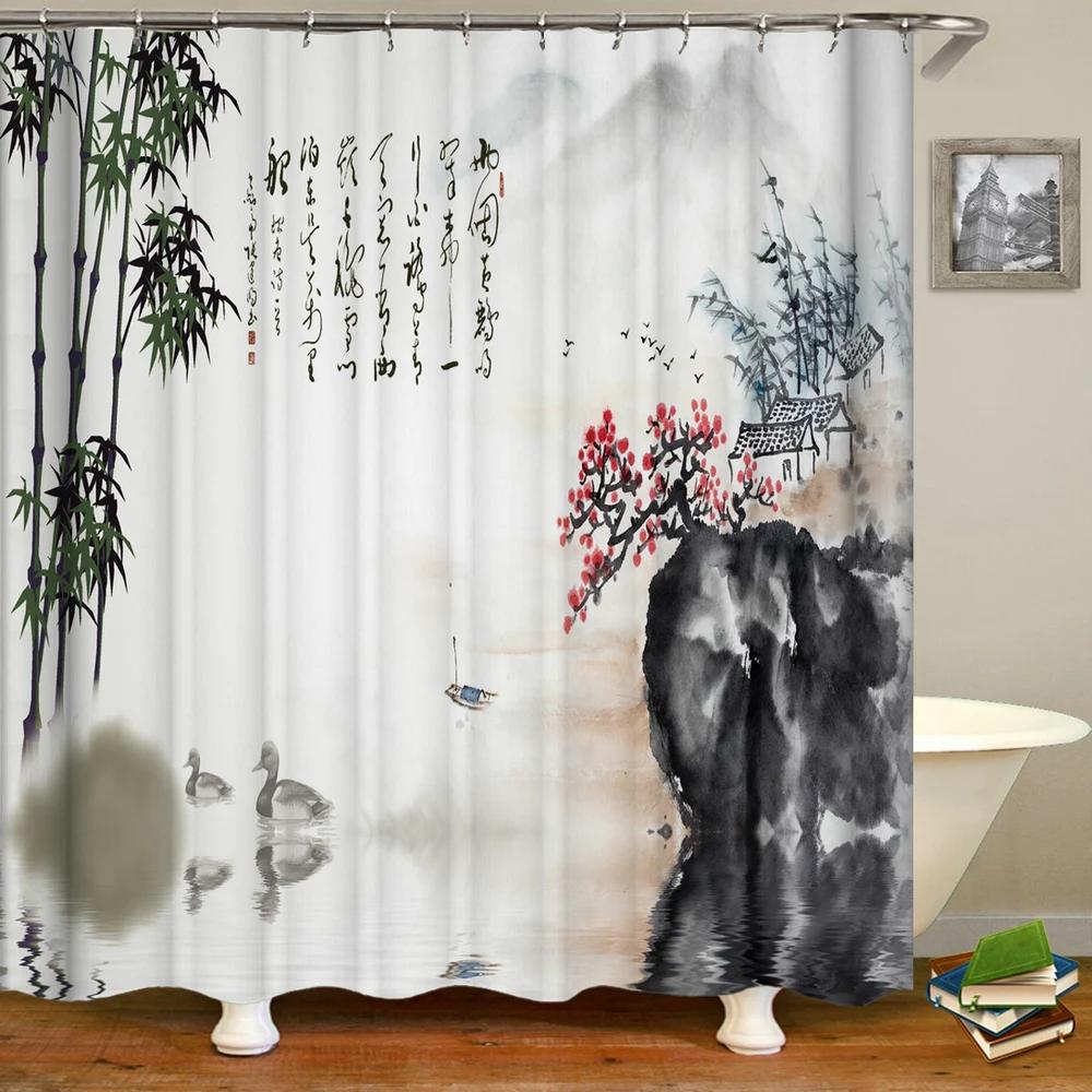 3d Printing Chinese Flower Bird Ink Landscape Shower Curtain Bathroom Waterproof Bath Curtain With Hooks Washable Cloth Decor