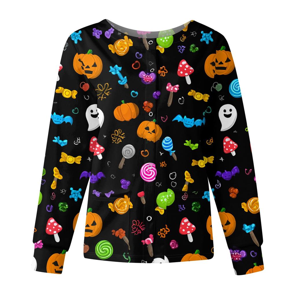 Women's Casual Fashion Long Sleeve Standing Collar Single Breasted Halloween Printed Workwear Jacket Tops