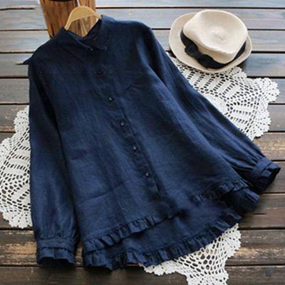 Womens Tops and Blouses Linen Solid Color Ruffle Turn-down Collar Long Sleeve Single-breasted Irregular Hem Women