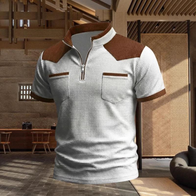 Men Waffle Knit Half Zip Polo Shirt Contrast Patchwork Short Sleeve Casual Top S белый