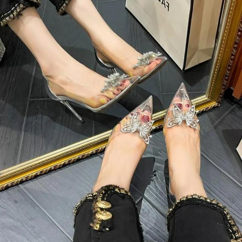 New Pointed Crystal Fairy Ladies Wind Sandals Rhinestone Butterfly-knot Transparent High Heel Women Sandals Fashion Shoes