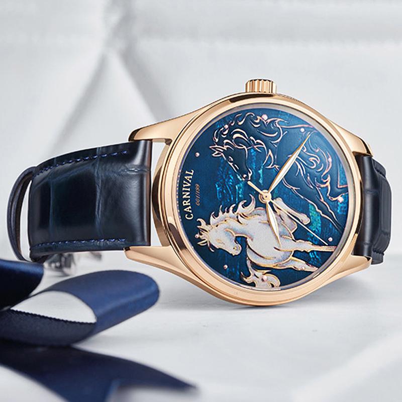 CARNIVAL 3D Horse Dial Waterproof Automatic Watches Sport Miyota Mechanical Watch Men Sapphire Crystal Reloj Hombre