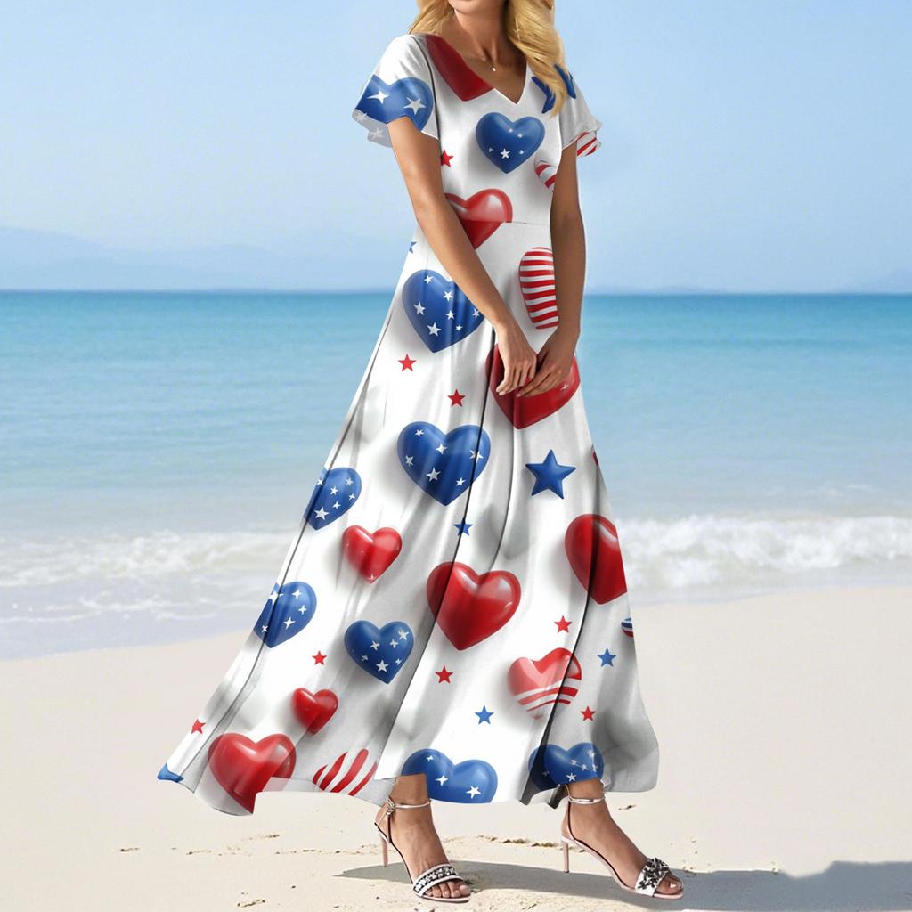 FashWomen's Loose Casual V-Neck Short Sleeved High Waisted Print Dress