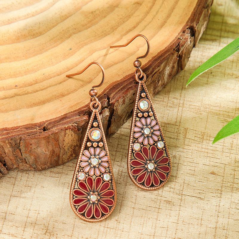 Fashion Ethnic Boho Enamel Flower Long Drop Dangle Earrings For Women Rhinestone Geometric Waterdrop Vintage Wedding Zircon