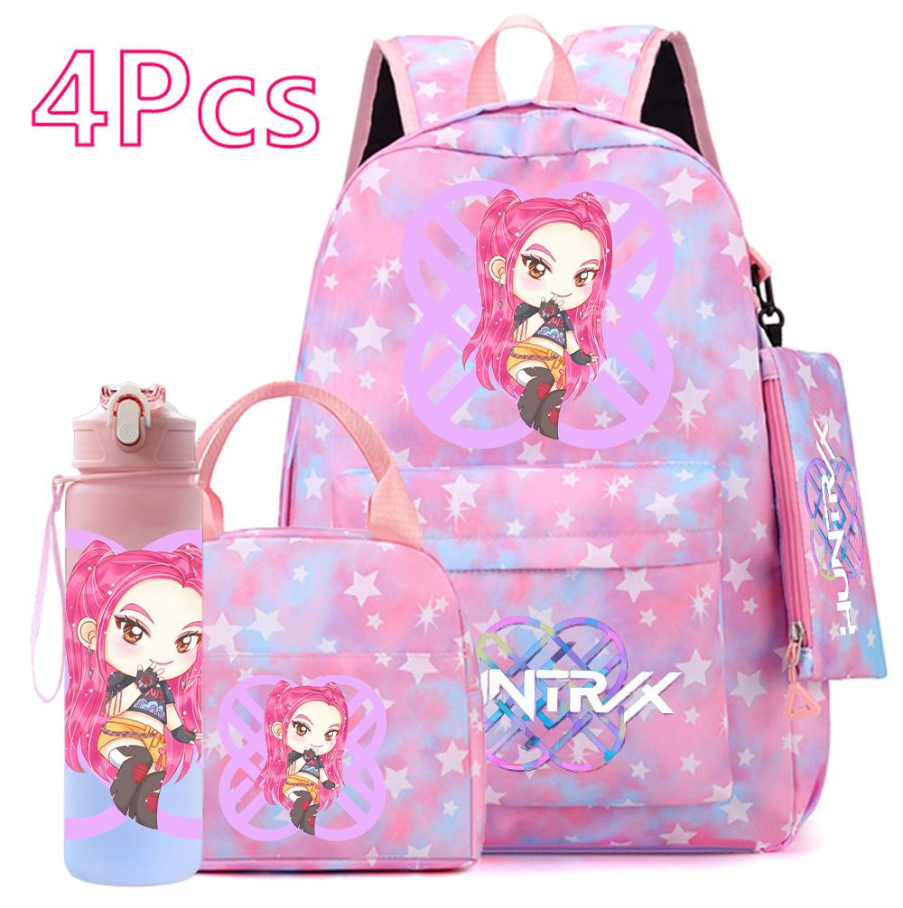 4Pcs/set Anime Cute K-POP Printed Backpack Large Capacity Bookbag HandBag Case Bag with 750ml Water Bottler Boy Girl SchoolBag Waterproof Mochila