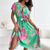 Sweet Summer New V Neck Big Flower Print Lace-up Single-Breasted A- line Short Sleeve Mid Length Long Length Dress Women Dress