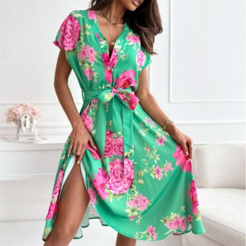 Sweet Summer New V Neck Big Flower Print Lace-up Single-Breasted A- line Short Sleeve Mid Length Long Length Dress Women Dress