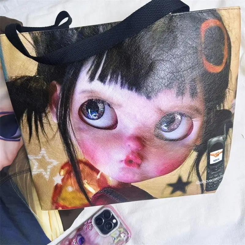 Double-sided Printed Large Capacity Tote Bag For Women Rock Style Canvas Shoulder Bag Laptop Handbag Daily Commute Underarm Bag