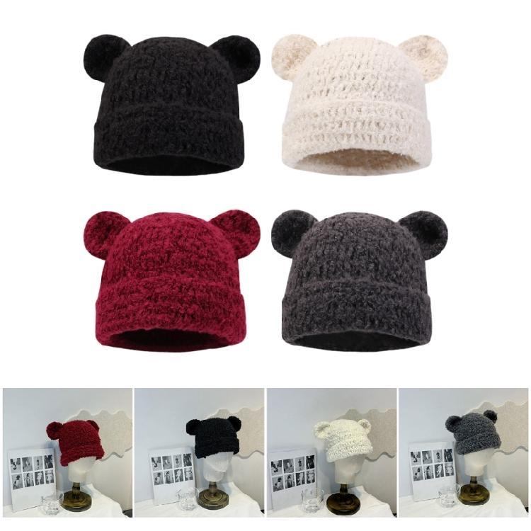 Knitted Brimless Bear Ear Hat for Outdoor Activity Windproof Winter Breathable Hat All Matching Warm Hat for Women Teens