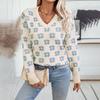 Vintage Loose V-Neck Knitwear Sweater Long Sleeve Print Pullover Top for Autumn Winter