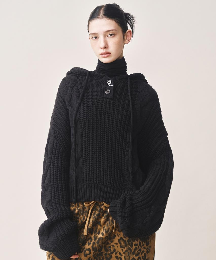 Nigaennikol Cozy Button Cable Hoodie Knit_Black