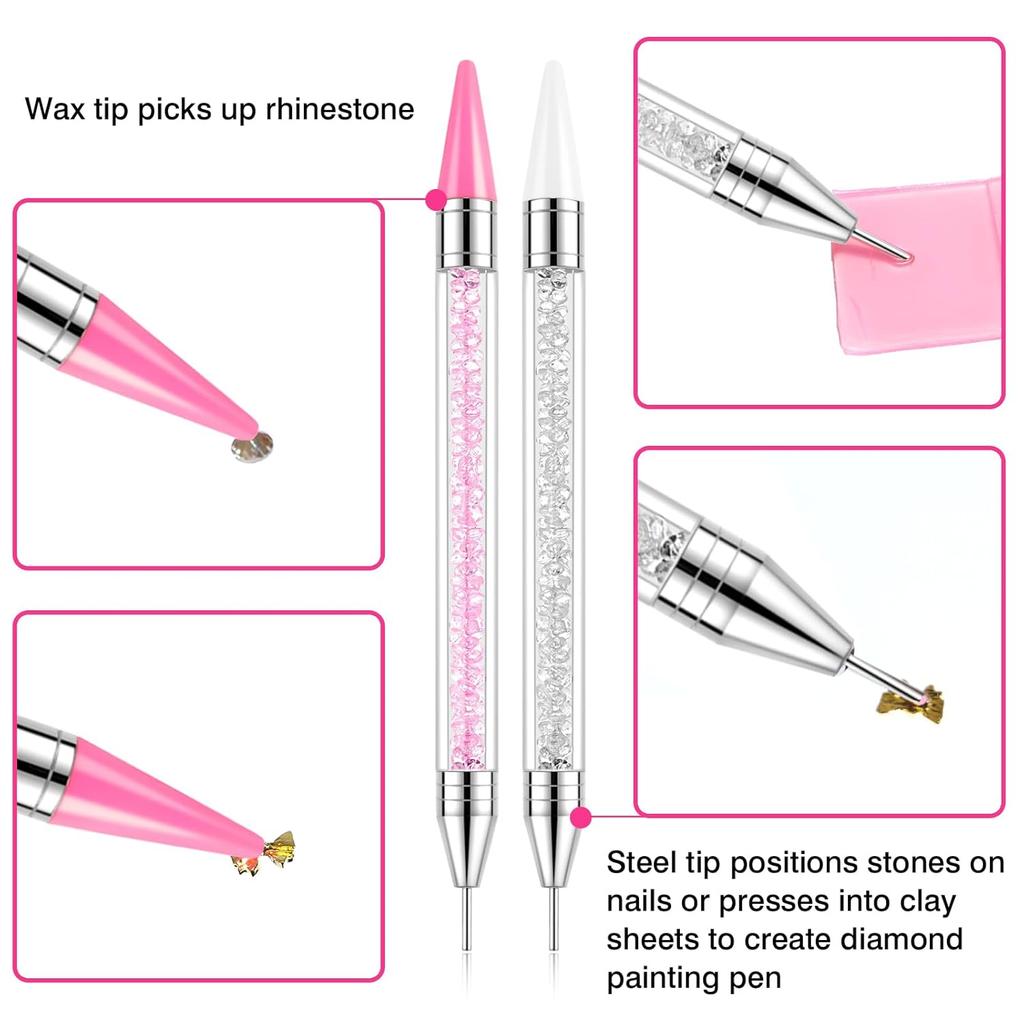 Rhinestone Picker Tool, 2-Pack Diamond Painting Dotting Pen with 6 Extra Wax Tips & Precision Tweezer, Wax Pencil for Rhinestones, Nail Art DIY Kit
